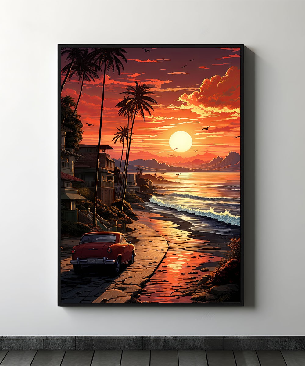 Car drives off into the sunset - Framed poster - Myllao Creativity